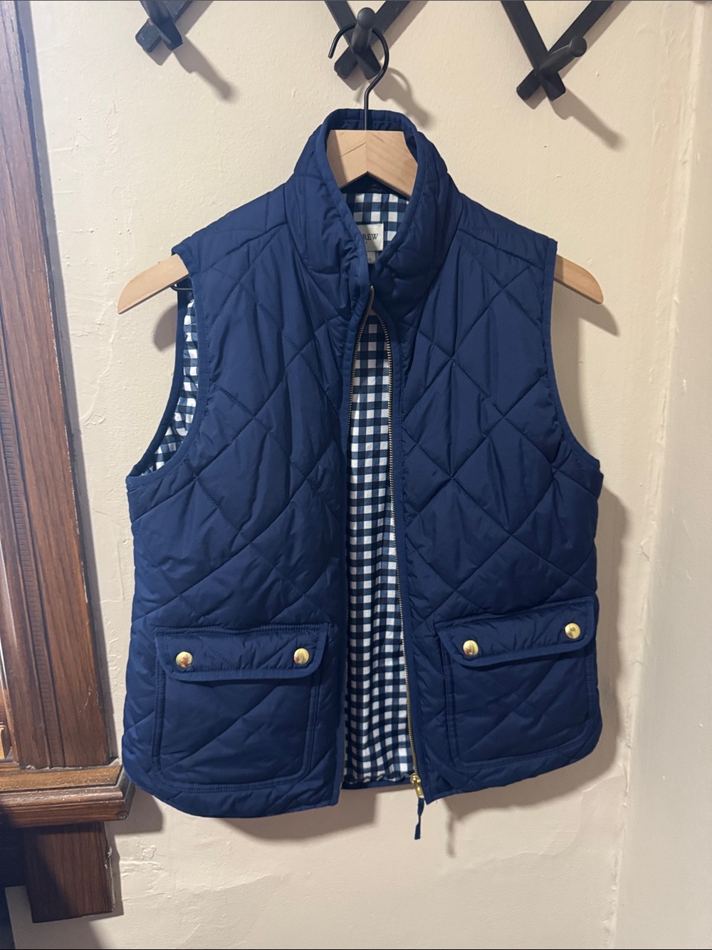 J. Crew Navy Quilted Vest with Gingham Lining